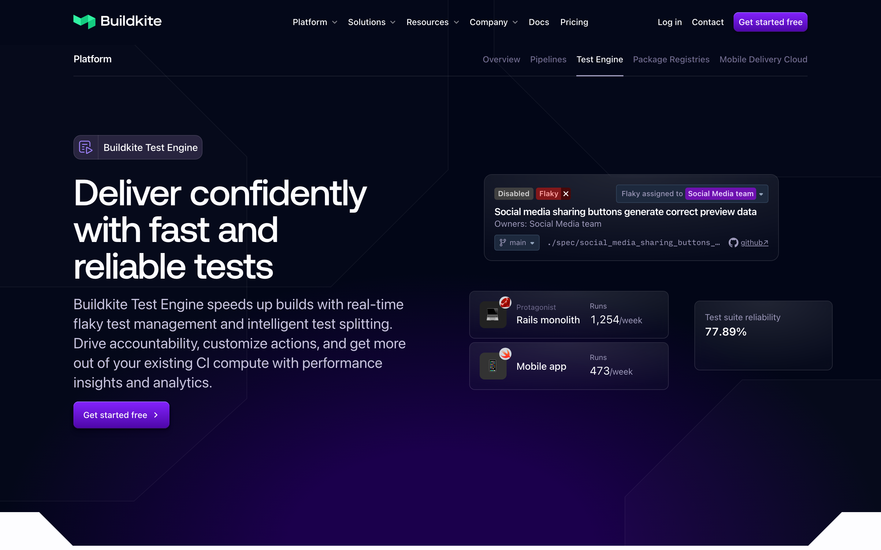 Buildkite Test Engine product page showing the flaky test management interface with test analytics, retry workflows, and per-test trend graphs