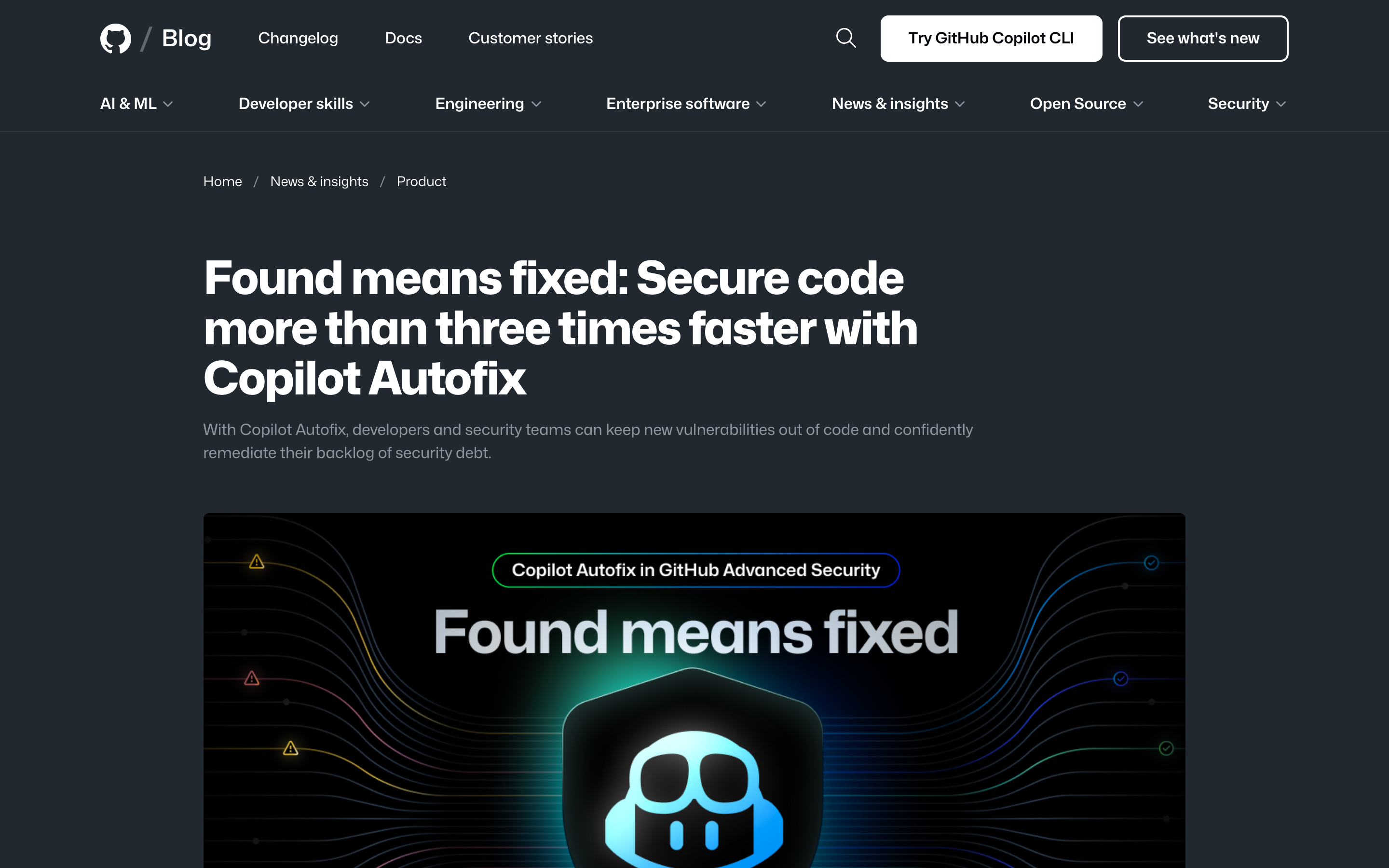 GitHub blog post announcing Copilot Autofix general availability, with embedded screenshots of an Autofix suggestion attached to a code-scanning alert on a pull request