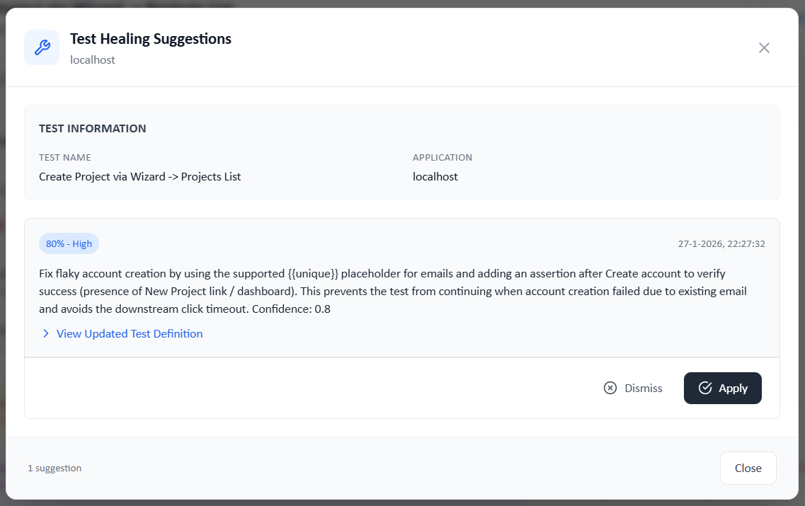 Qate healing suggestion modal showing 80% confidence score, suggested fix description, and Apply/Dismiss buttons