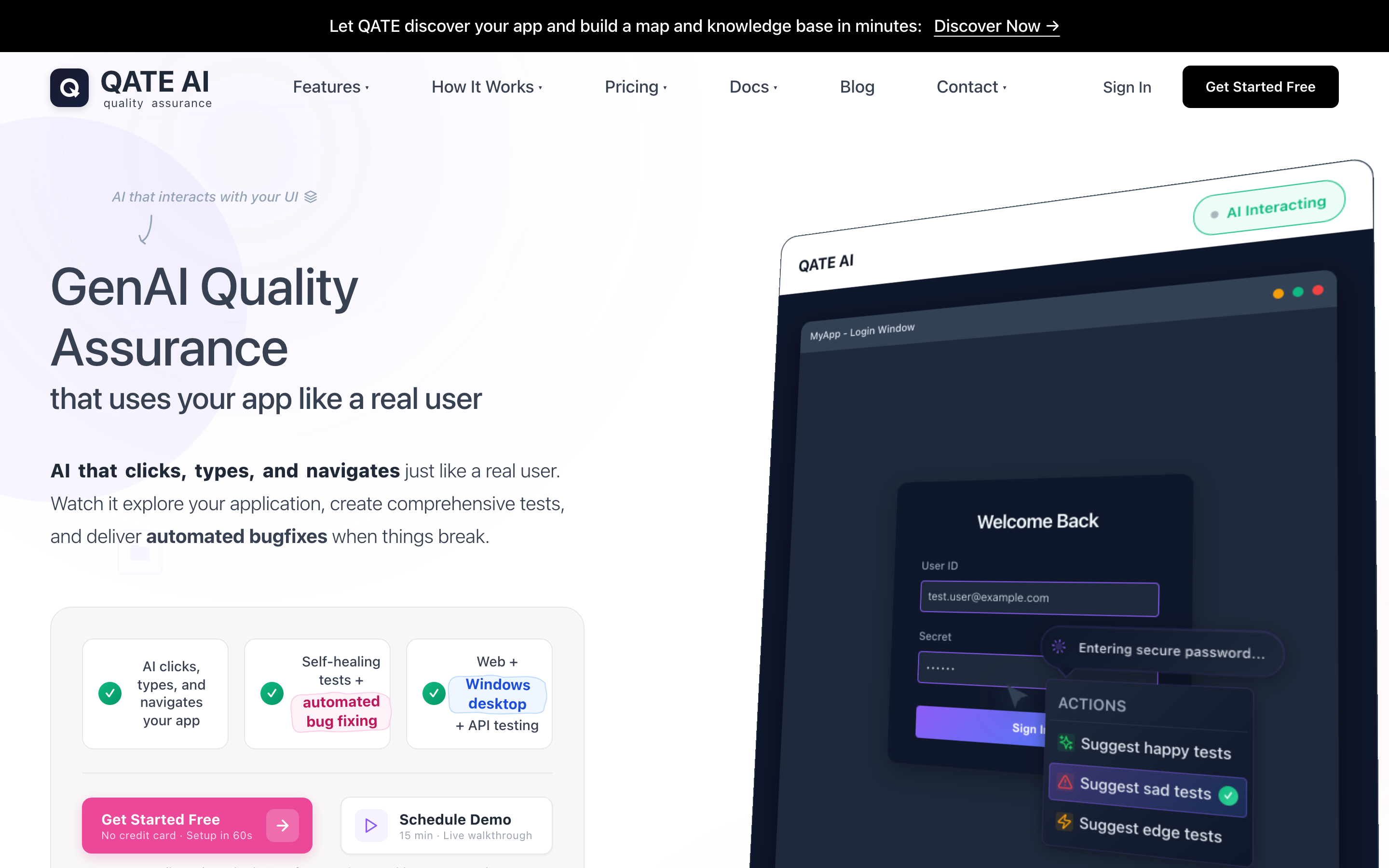 Qate AI marketing site hero: "GenAI Quality Assurance that uses your app like a real user" with three feature pills covering clicks-types-navigates, self-healing tests with automated bug fixing, and Web + Windows desktop + API testing