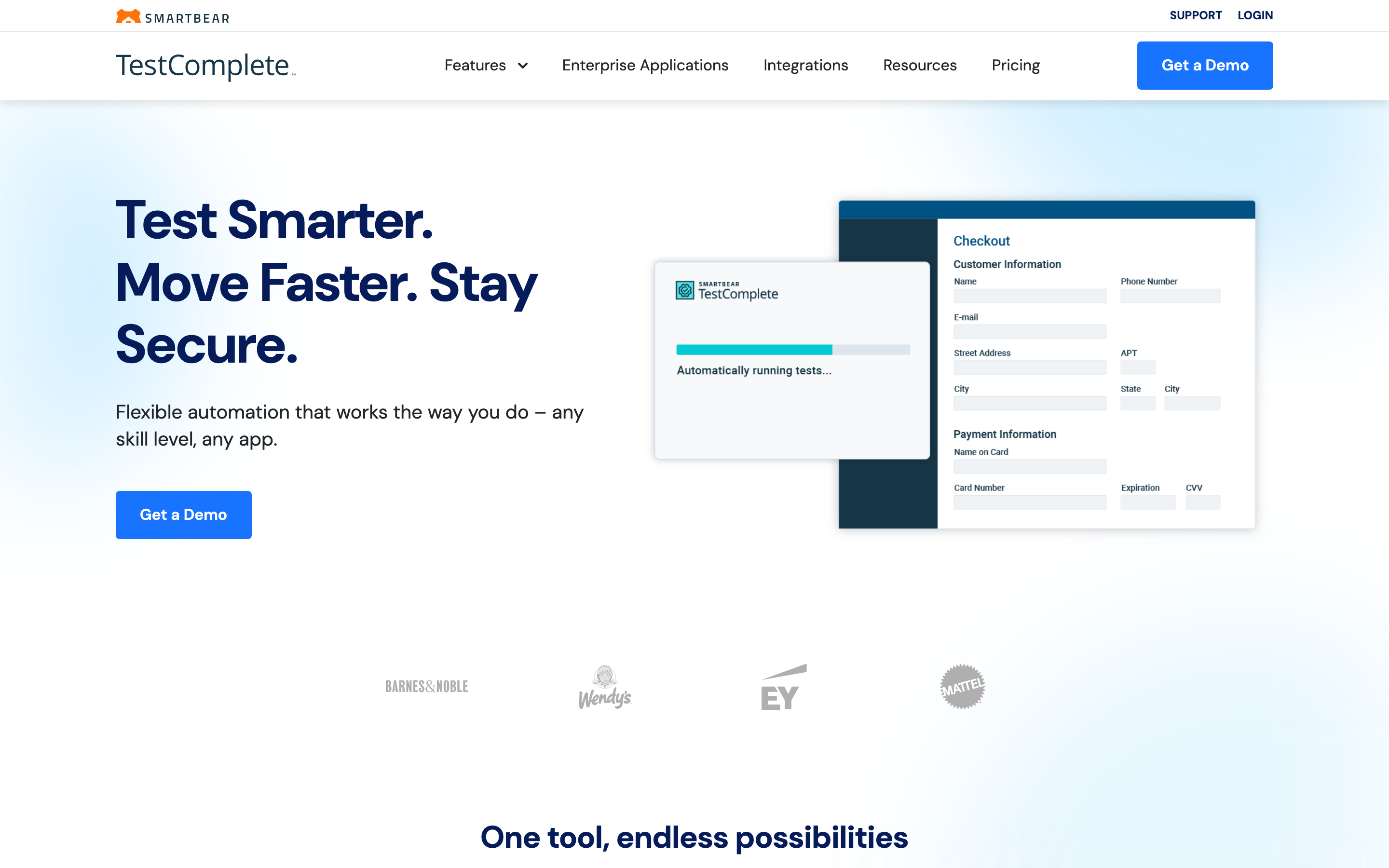 SmartBear TestComplete product page with the headline "Test Smarter. Move Faster. Stay Secure." next to a screenshot of a Checkout flow being tested