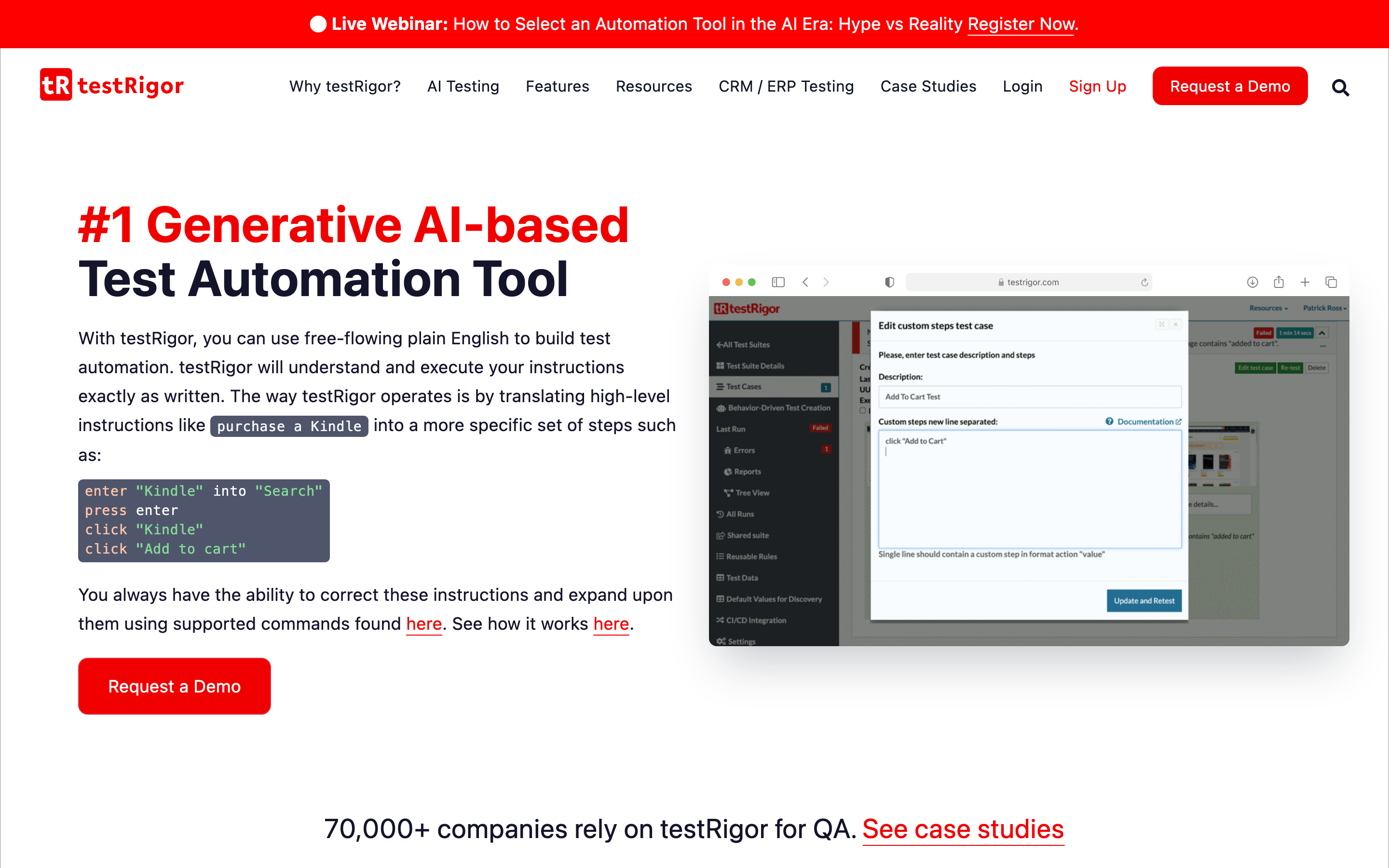 testRigor marketing site: "#1 Generative AI-based Test Automation Tool" with a code-style snippet showing plain-English steps like "type Kindle into Search, press Enter, click Add to cart"