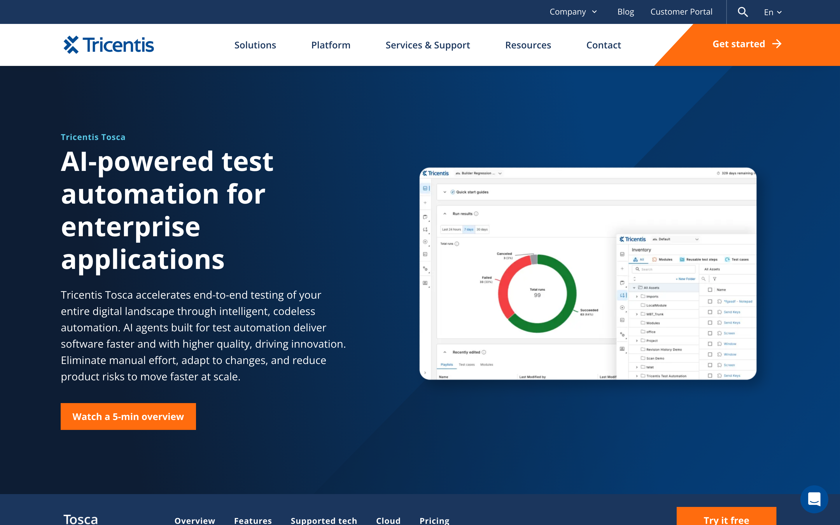 Tricentis Tosca product page: "AI-powered test automation for enterprise applications" with a screenshot of the Tosca dashboard showing a test results donut chart and test catalog